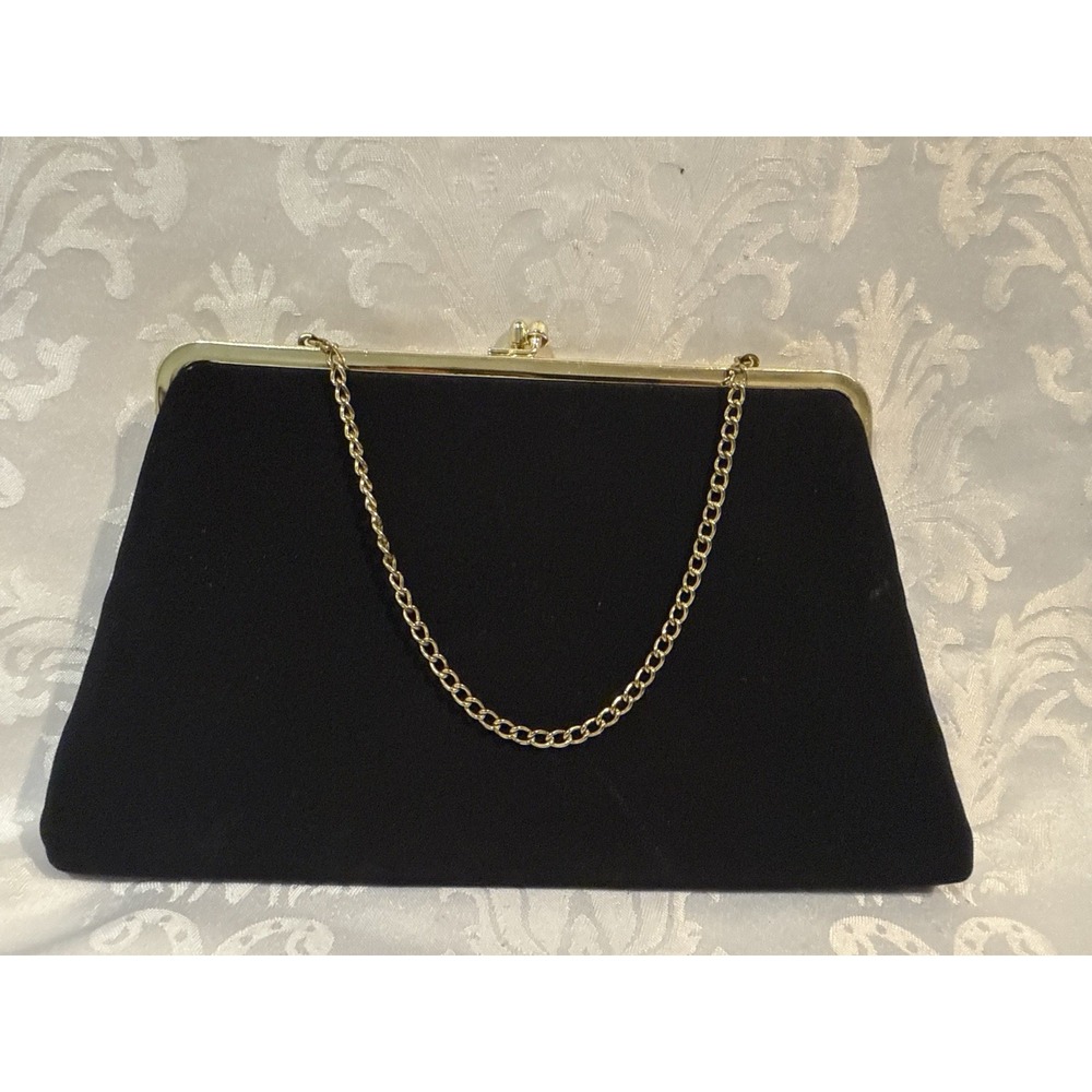 Vtg HL USA Harry Levine Evening Clutch Dinner Handbag Black Gold Kiss Closure